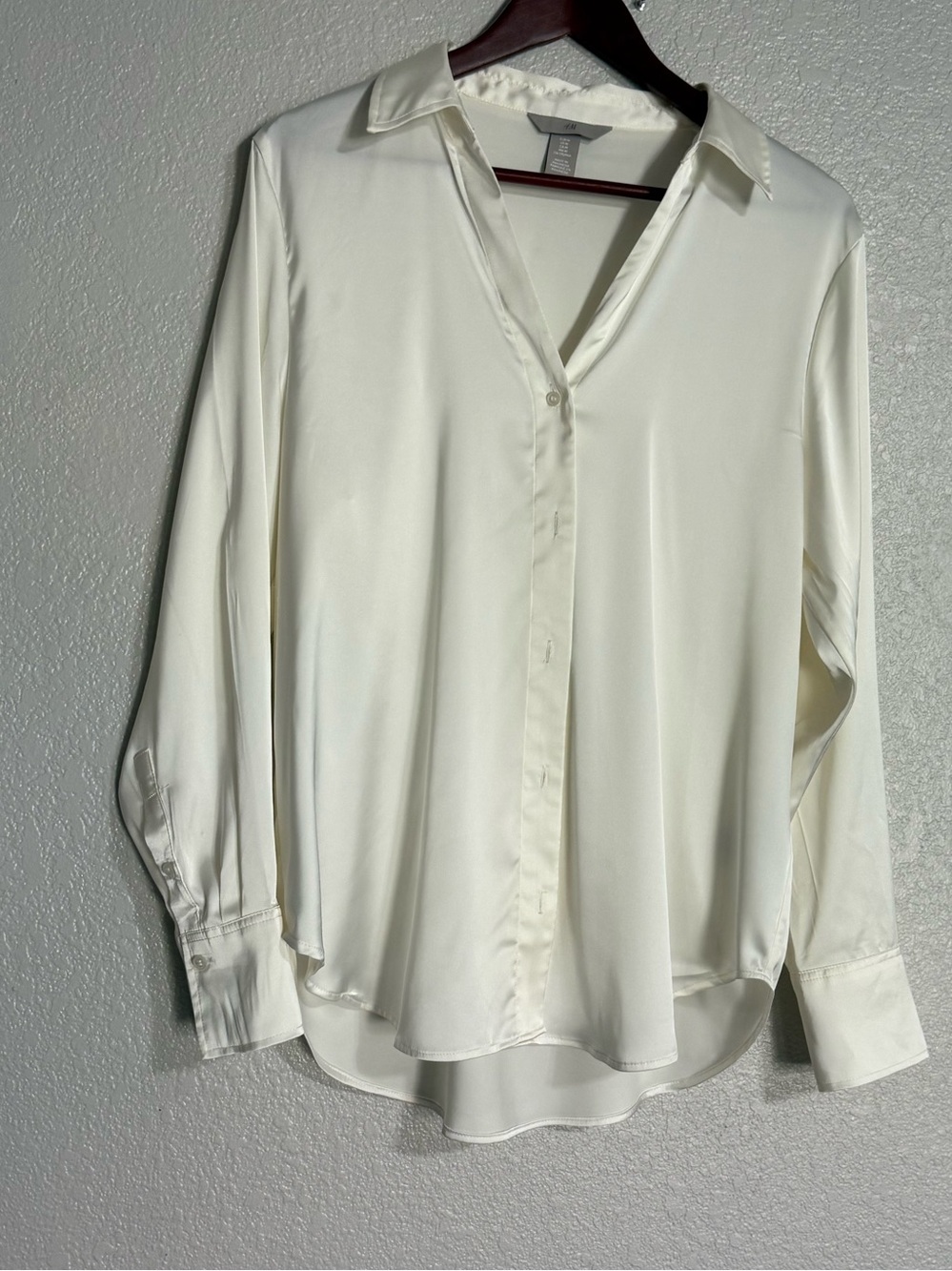 H&M Off-White Satin Button-Down Blouse - Long Sleeve, Relaxed Fit, Size Medium (